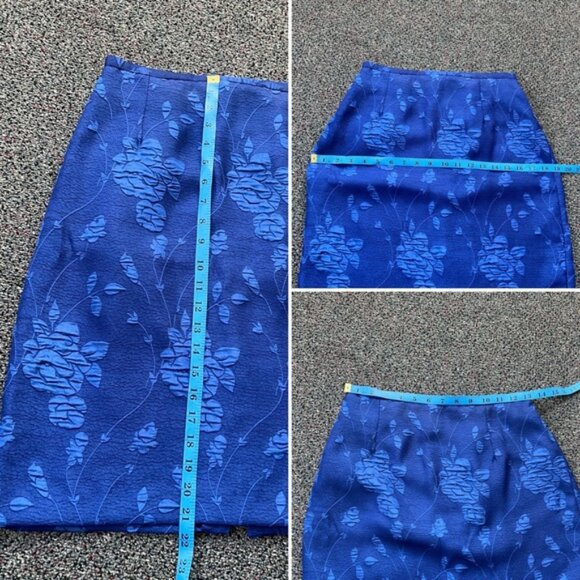 JESSICA HOWARD Vintage Blue Brocade Floral Ruffle Suit Jacket & Skirt Set Sz S-M - Picture 15 of 16